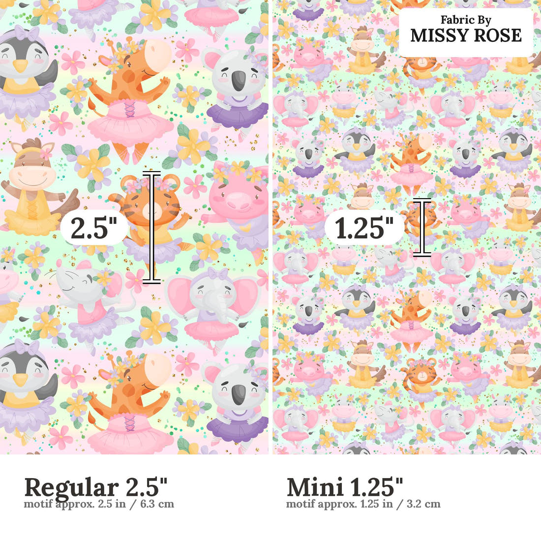 Design 41 Ballerina Animals Fabric size comparison - print scale | Fabric by Missy Rose