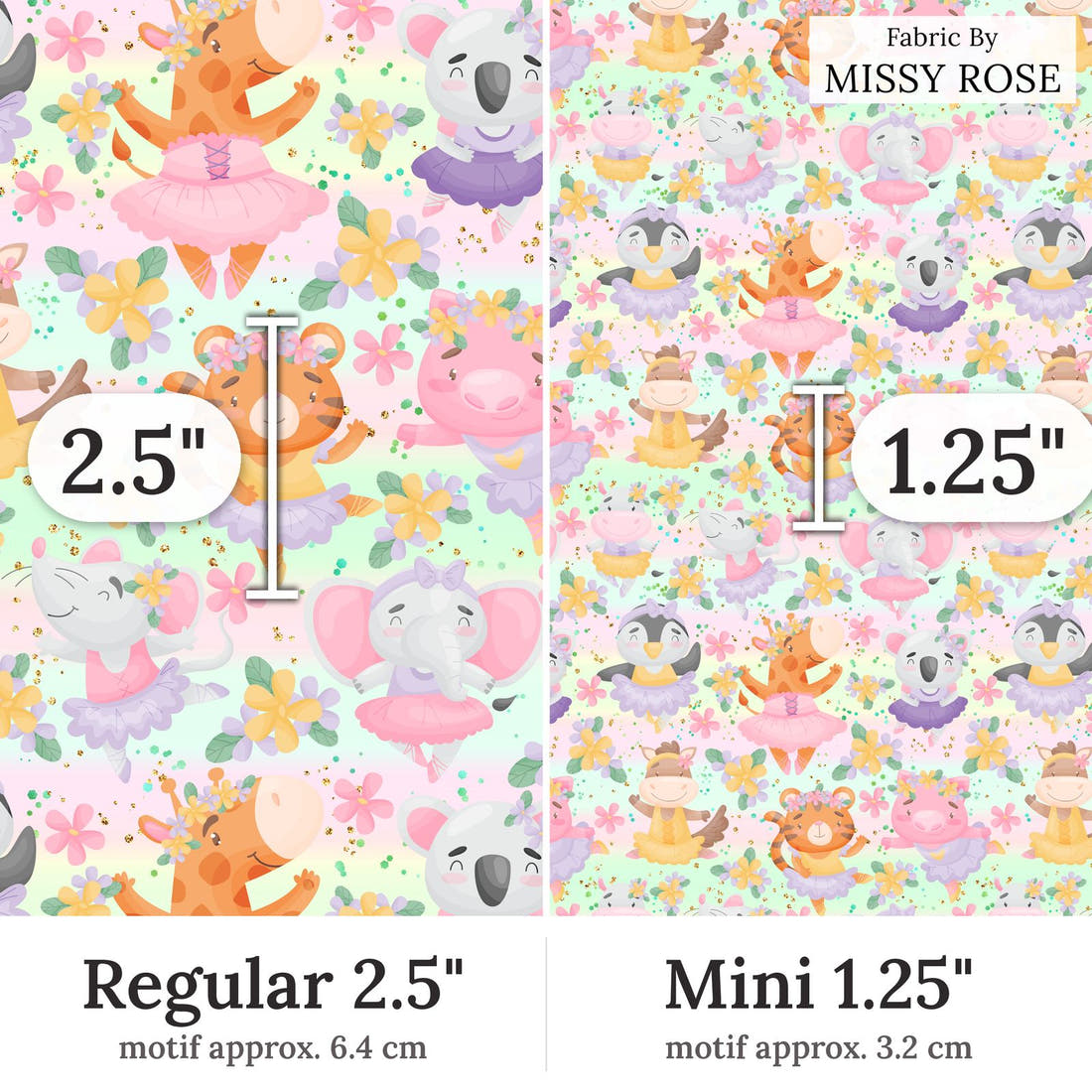 Design 41 Ballerina Animals Fabric Regular 2.5 inch vs Mini 1.25 inch print scale side by side | Fabric by Missy Rose