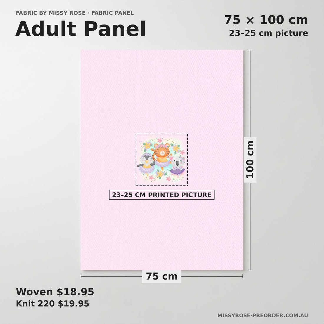 Design 41 Ballerina Animals Panel adult panel sizing – 23–25 cm printed picture on 75 × 100 cm fabric | Fabric by Missy Rose