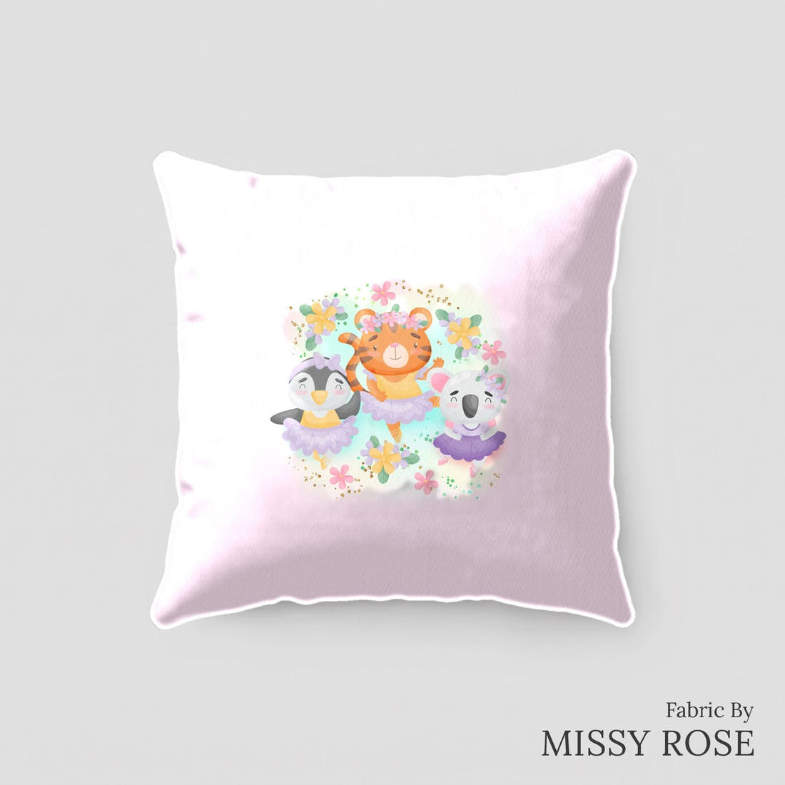 Design 41 Ballerina Animals Panel sewn into a cushion – see how the panel looks made up | Fabric by Missy Rose