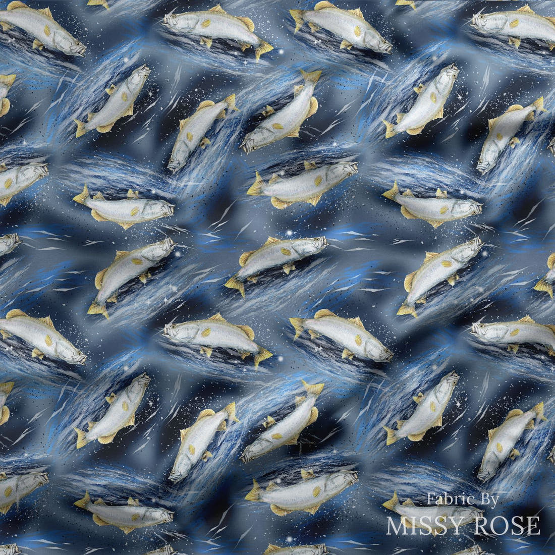 Design 410 Barramundi Fabric draped fabric mockup – custom printed fabric by the metre | Fabric by Missy Rose
