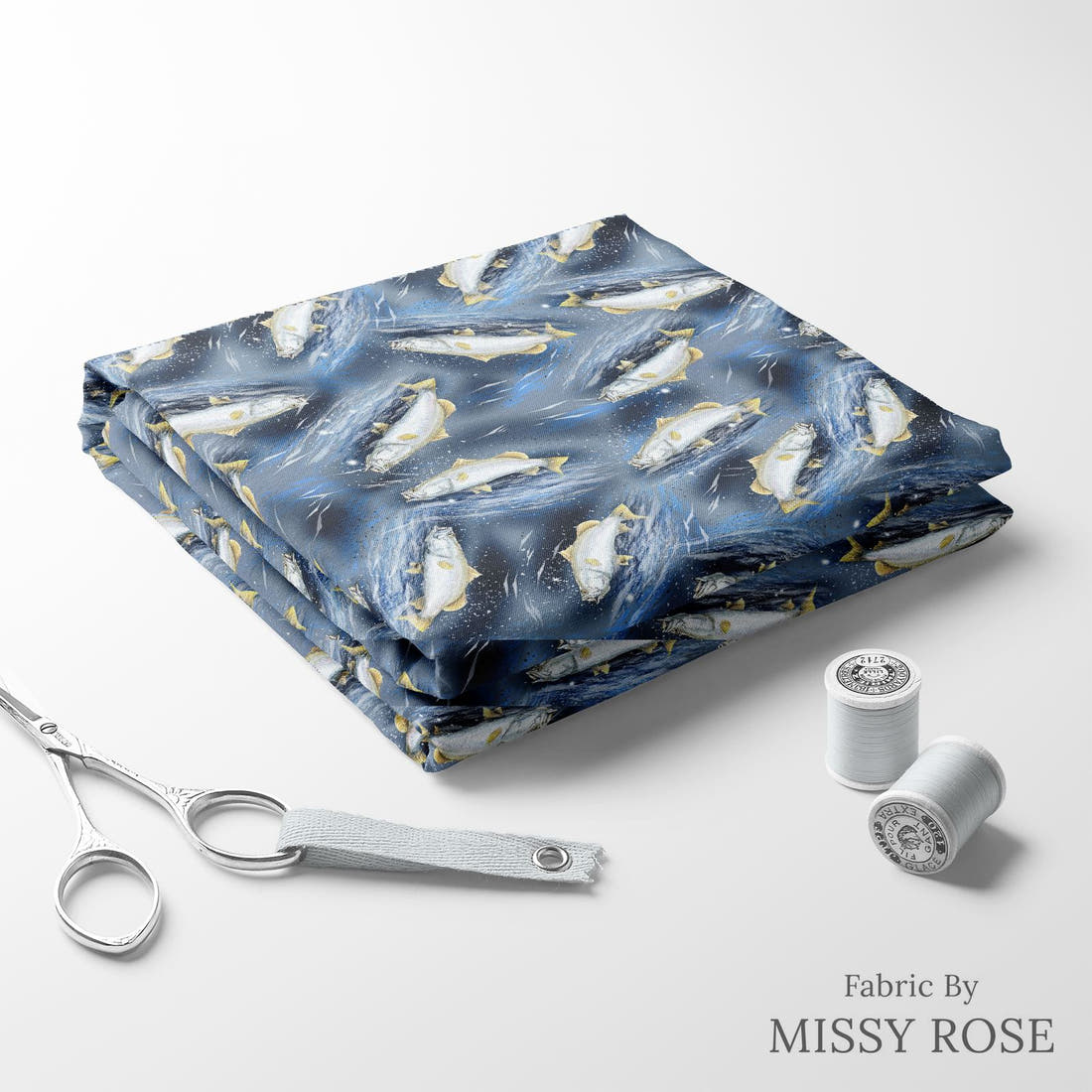 Design 410 Barramundi Fabric folded fabric stack with matching thread – pre-order fabric Australia | Fabric by Missy Rose