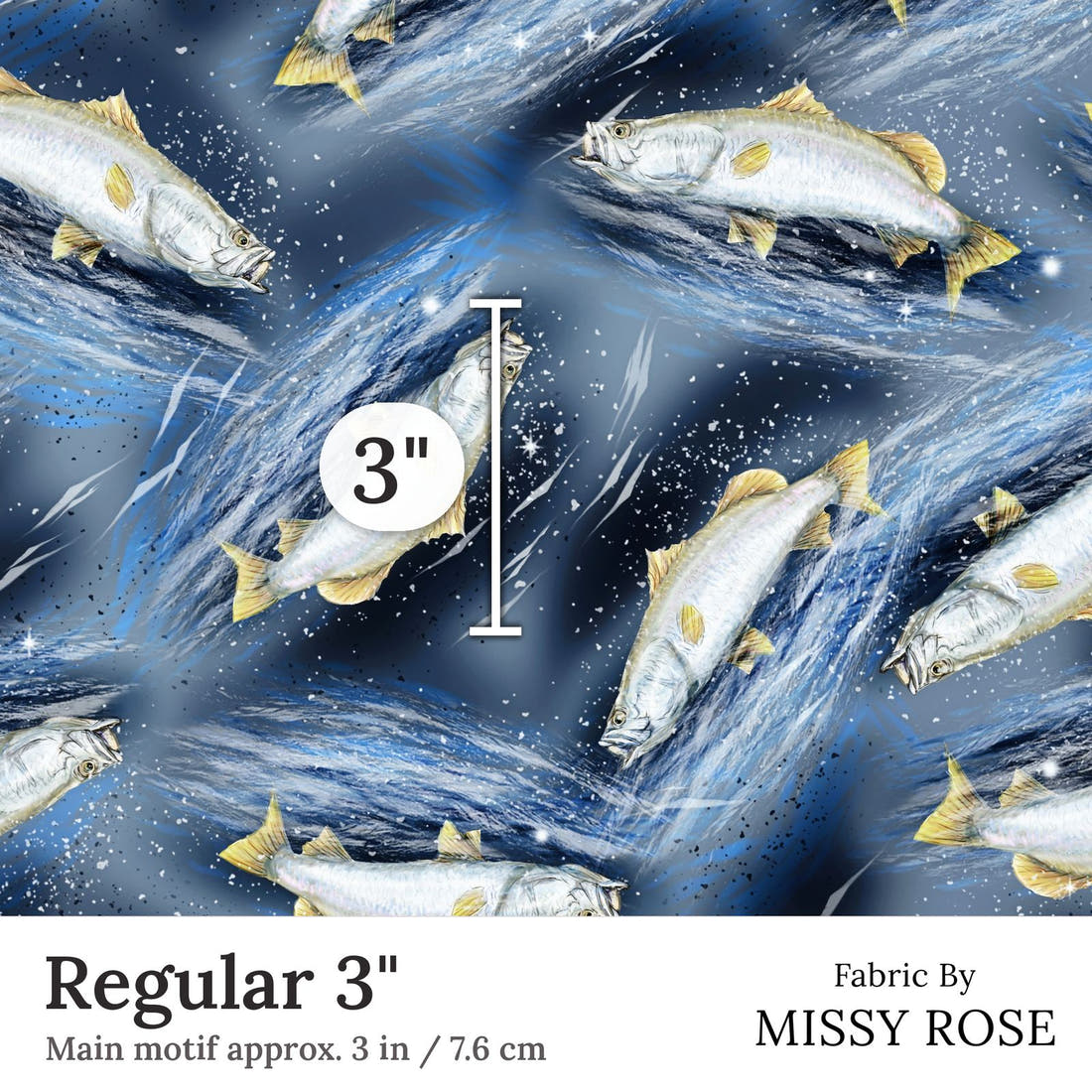 Design 410 Barramundi Fabric Regular 3 inch print scale guide | Fabric by Missy Rose