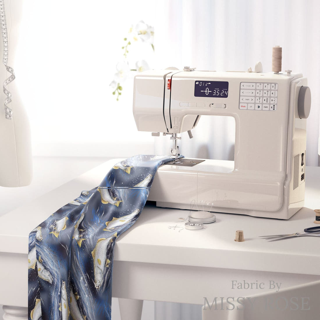 Design 410 Barramundi Fabric on a sewing machine – premium fabric for sewing projects | Fabric by Missy Rose