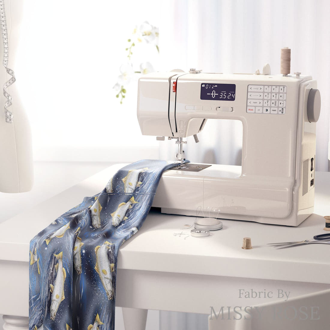 Design 410 Barramundi Fabric on a sewing machine – premium fabric for sewing projects | Fabric by Missy Rose