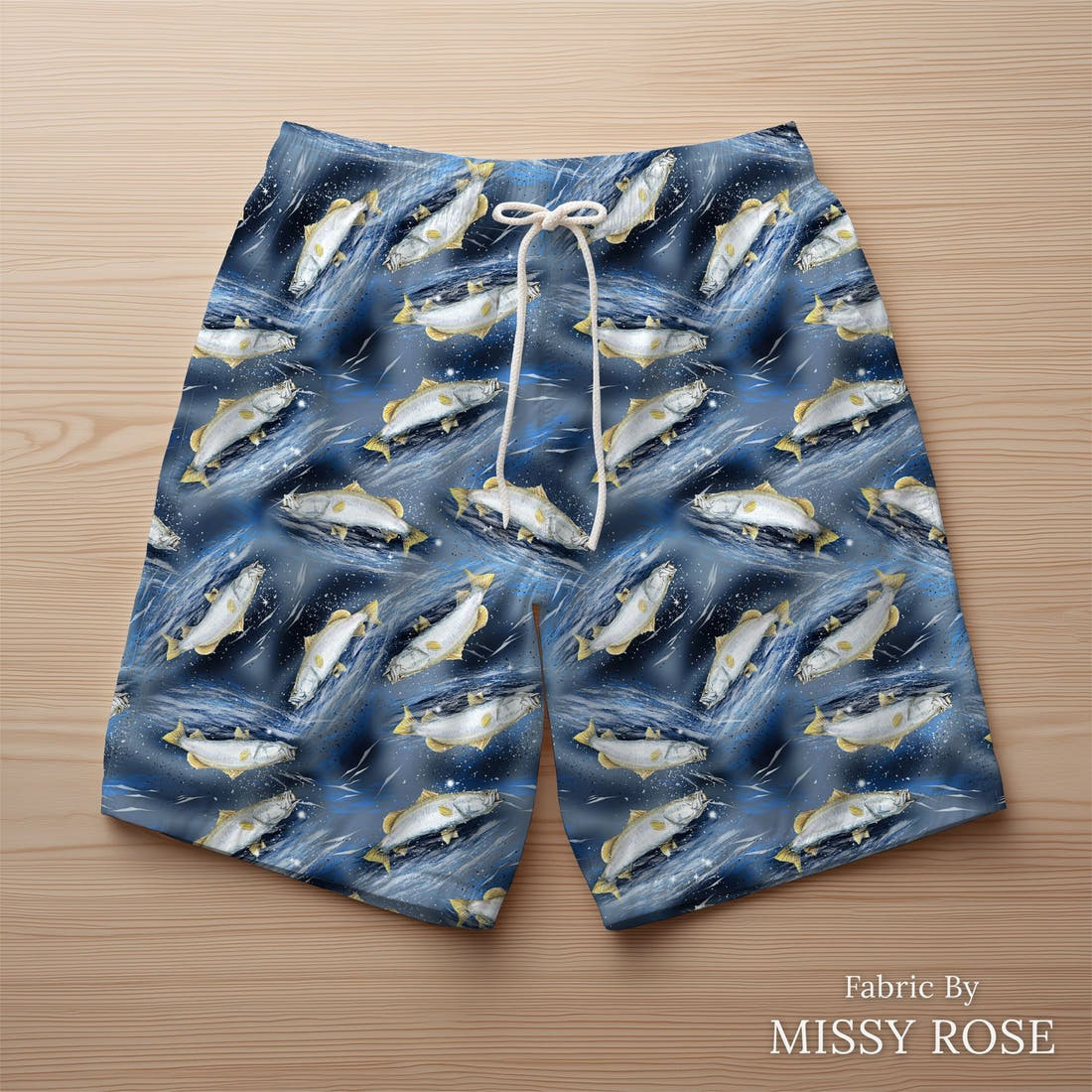 Design 410 Barramundi Fabric sewn into swim shorts – see how the print looks made up | Fabric by Missy Rose