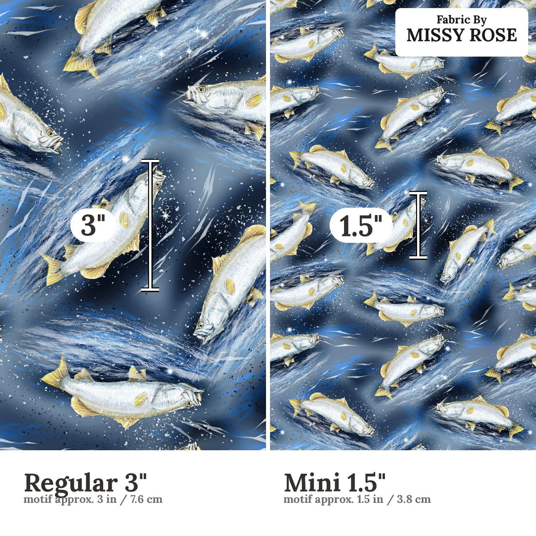 Design 410 Barramundi Fabric size comparison - print scale | Fabric by Missy Rose