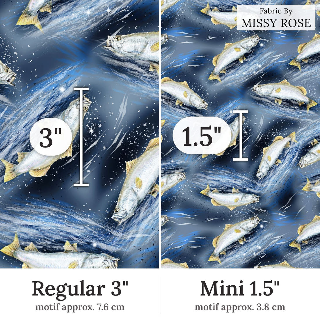 Design 410 Barramundi Fabric Regular 3 inch vs Mini 1.5 inch print scale side by side | Fabric by Missy Rose