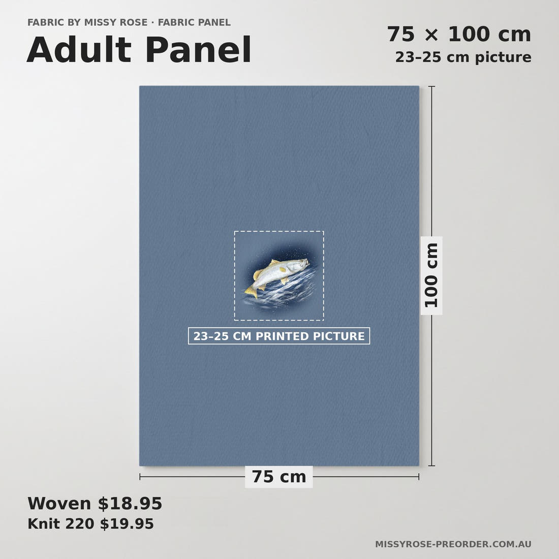Design 410 Barramundi Panel adult panel sizing – 23–25 cm printed picture on 75 × 100 cm fabric | Fabric by Missy Rose