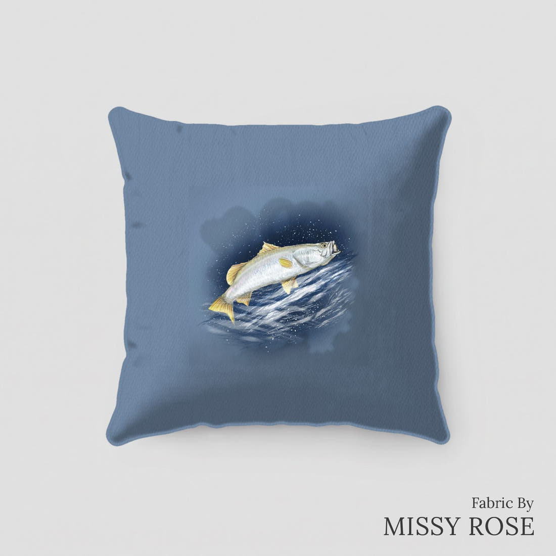 Design 410 Barramundi Panel sewn into a cushion – see how the panel looks made up | Fabric by Missy Rose