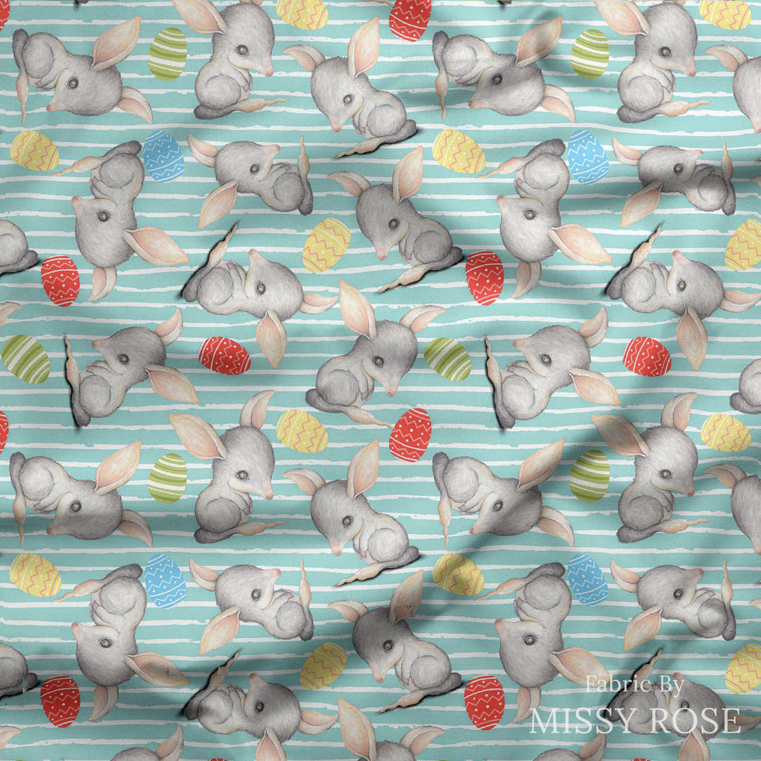 Design 411 Blue Bilby Fabric draped fabric mockup – custom printed fabric by the metre | Fabric by Missy Rose