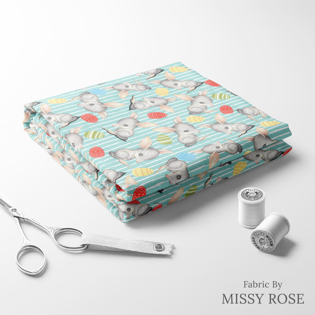 Design 411 Blue Bilby Fabric folded fabric stack with matching thread – pre-order fabric Australia | Fabric by Missy Rose