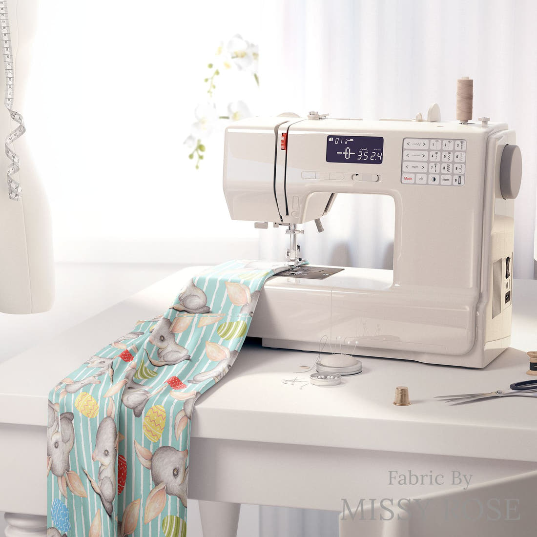 Design 411 Blue Bilby Fabric on a sewing machine – premium fabric for sewing projects | Fabric by Missy Rose