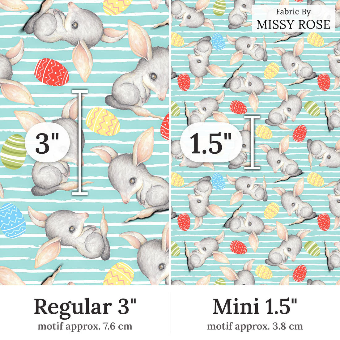 Design 411 Blue Bilby Fabric Regular 3 inch vs Mini 1.5 inch print scale side by side | Fabric by Missy Rose