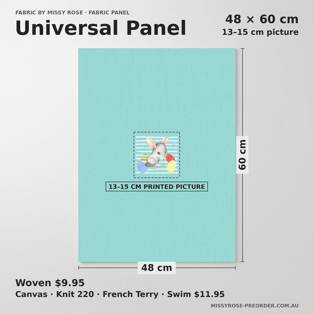 Design 411 Blue Bilby Panel universal panel sizing – 13–15 cm printed picture on 48 × 60 cm fabric | Fabric by Missy Rose