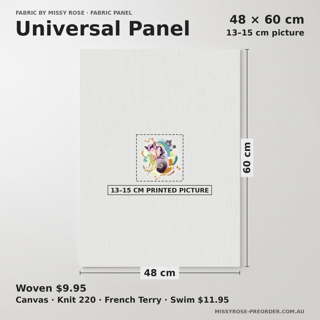 Design 412 Sugar Glider Panel universal panel sizing – 13–15 cm printed picture on 48 × 60 cm fabric | Fabric by Missy Rose