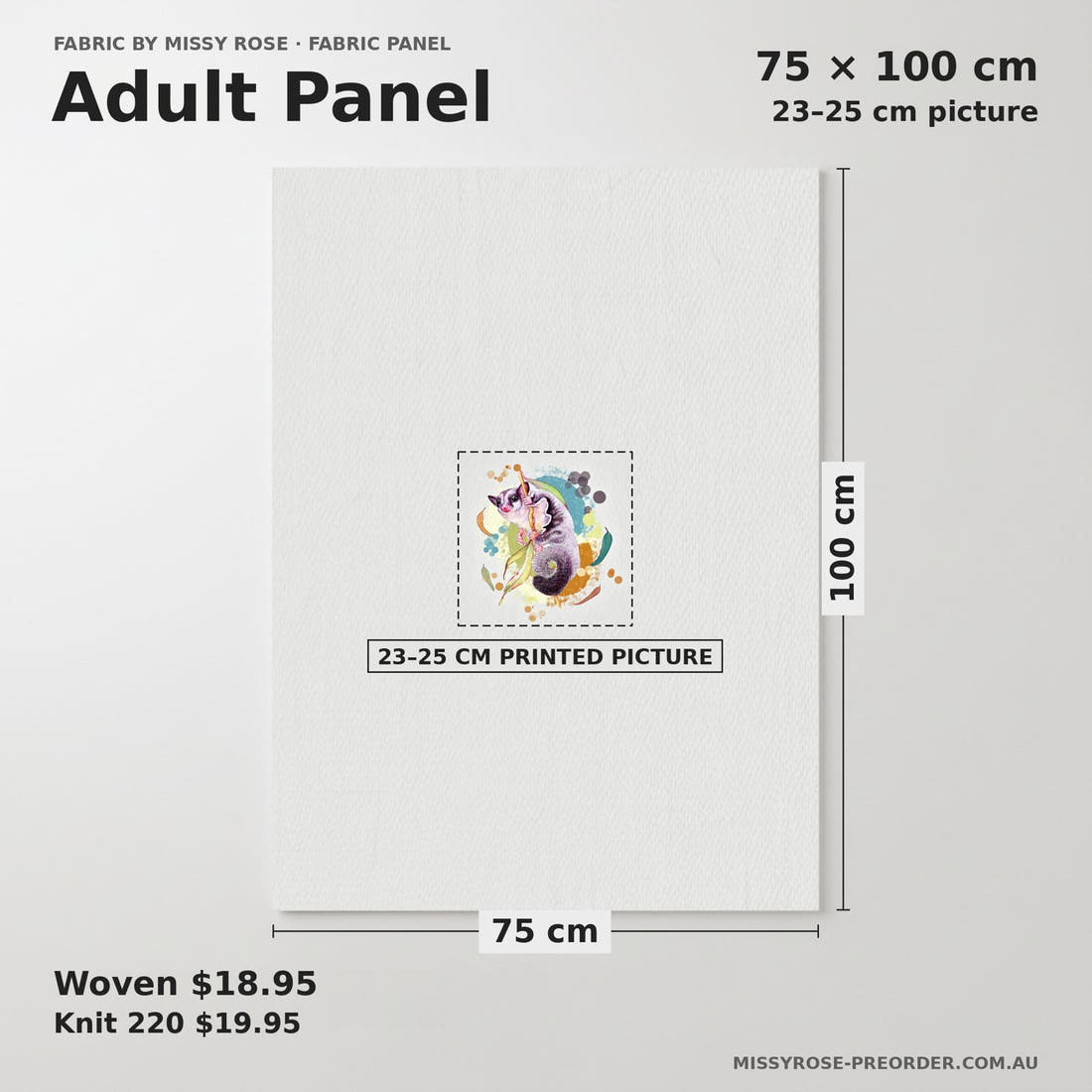 Design 412 Sugar Glider Panel adult panel sizing – 23–25 cm printed picture on 75 × 100 cm fabric | Fabric by Missy Rose