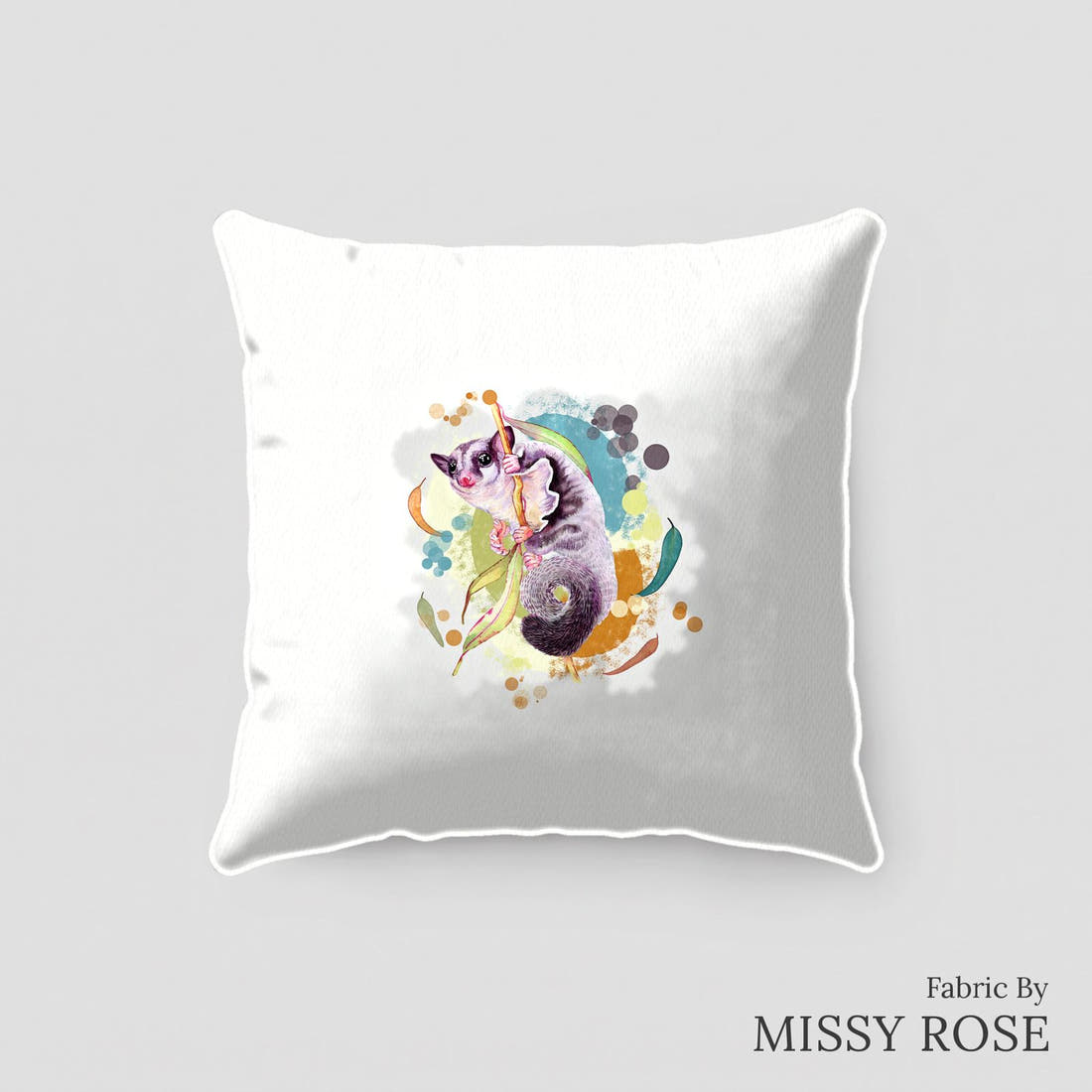 Design 412 Sugar Glider Panel sewn into a cushion – see how the panel looks made up | Fabric by Missy Rose