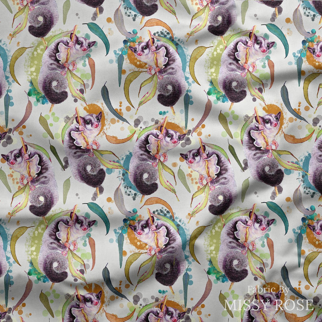 Design 412 Sugar Glider Fabric draped fabric mockup – custom printed fabric by the metre | Fabric by Missy Rose