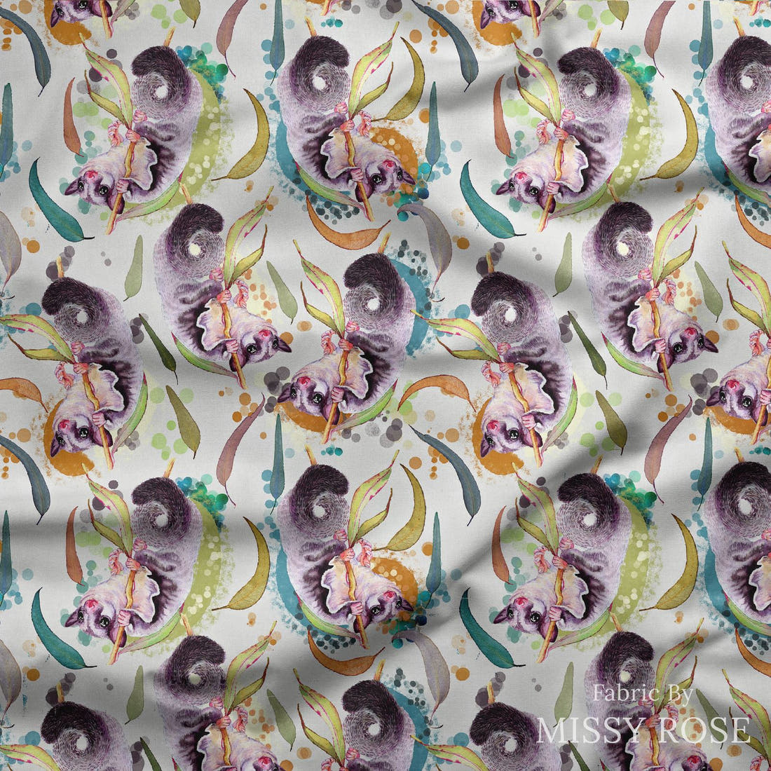 Design 412 Sugar Glider Fabric draped fabric mockup – custom printed fabric by the metre | Fabric by Missy Rose