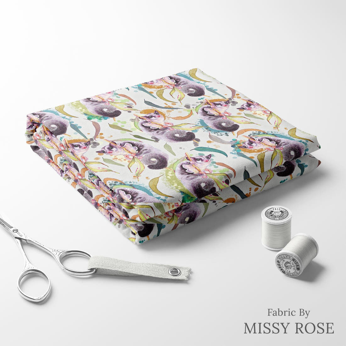Design 412 Sugar Glider Fabric folded fabric stack with matching thread – pre-order fabric Australia | Fabric by Missy Rose