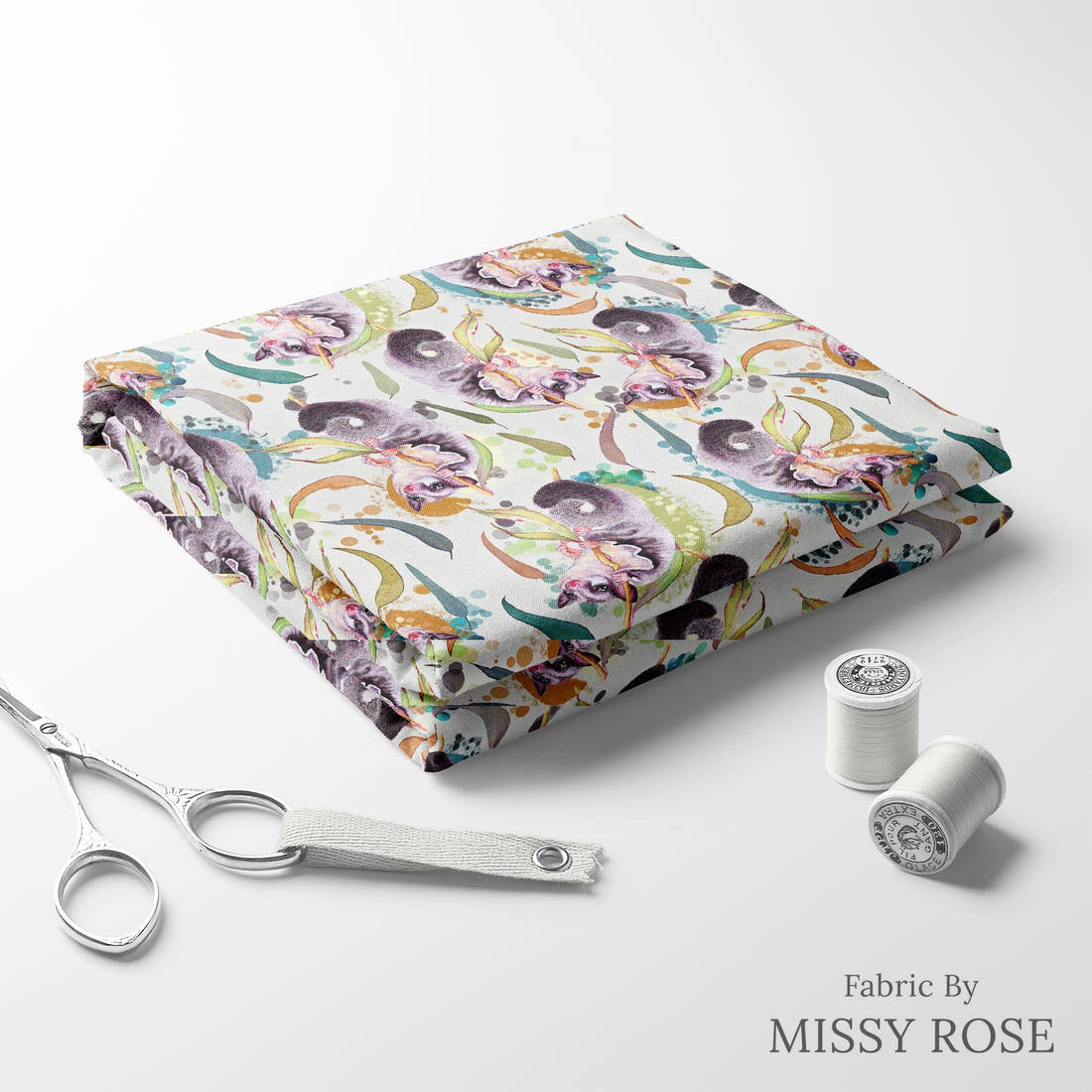 Design 412 Sugar Glider Fabric folded fabric stack with matching thread – pre-order fabric Australia | Fabric by Missy Rose