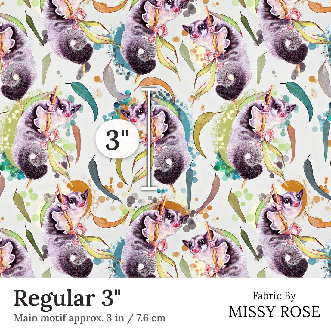 Design 412 Sugar Glider Fabric Regular 3 inch print scale guide | Fabric by Missy Rose