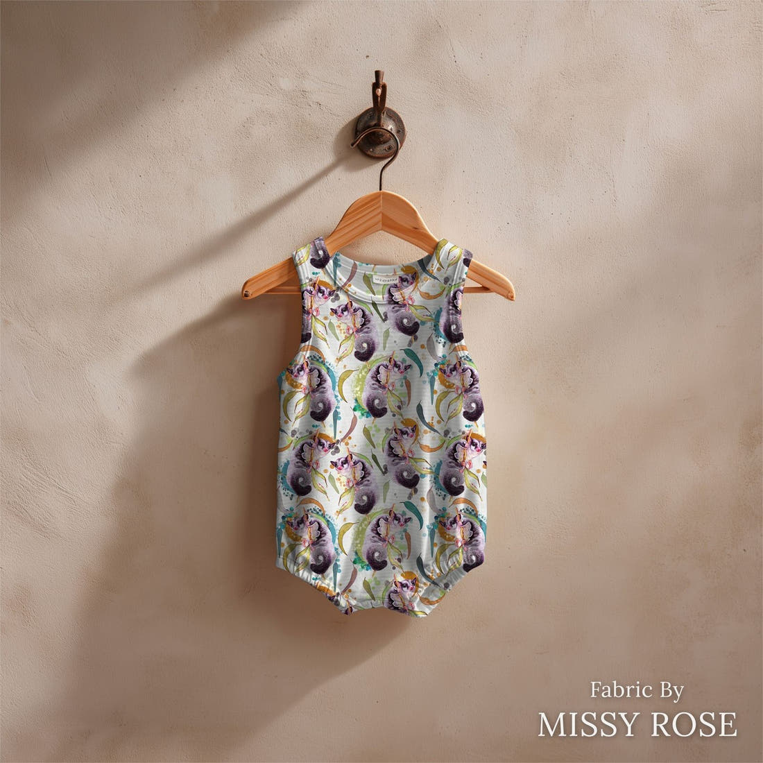 Design 412 Sugar Glider Fabric sewn into a baby romper – see how the print looks made up | Fabric by Missy Rose