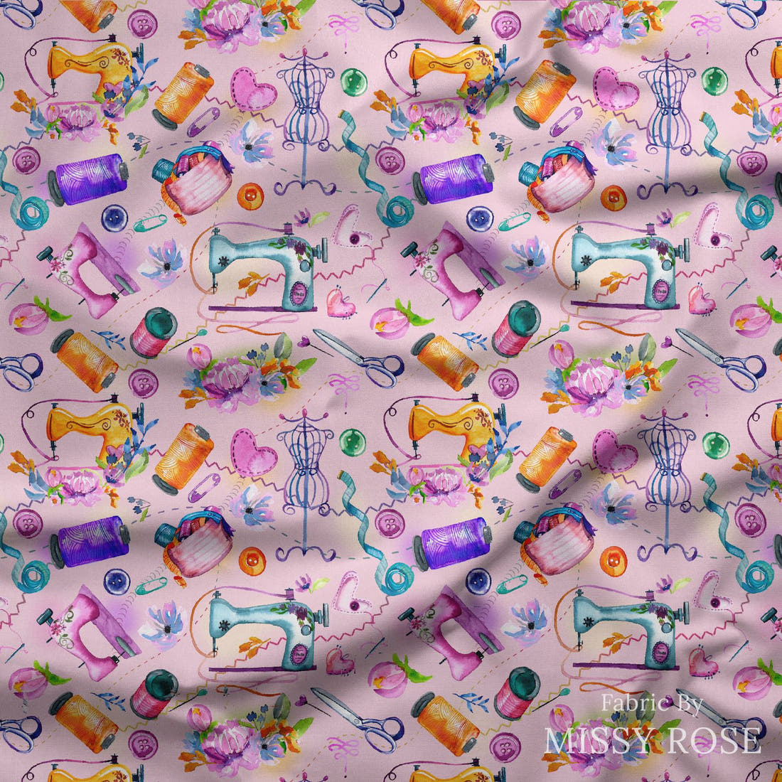 Design 413 Pink Sewing Fabric draped fabric mockup – custom printed fabric by the metre | Fabric by Missy Rose