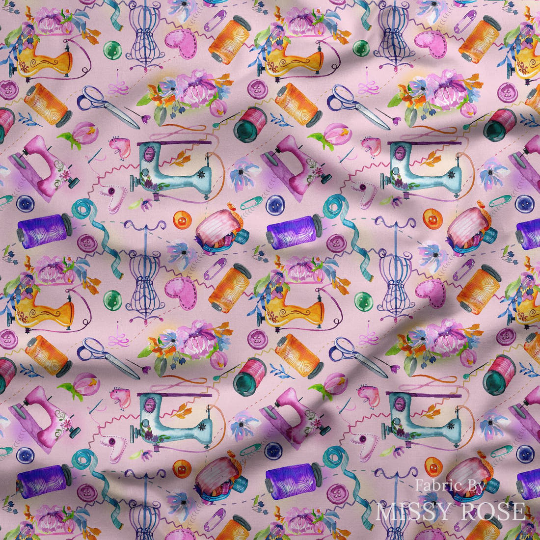 Design 413 Pink Sewing Fabric draped fabric mockup – custom printed fabric by the metre | Fabric by Missy Rose