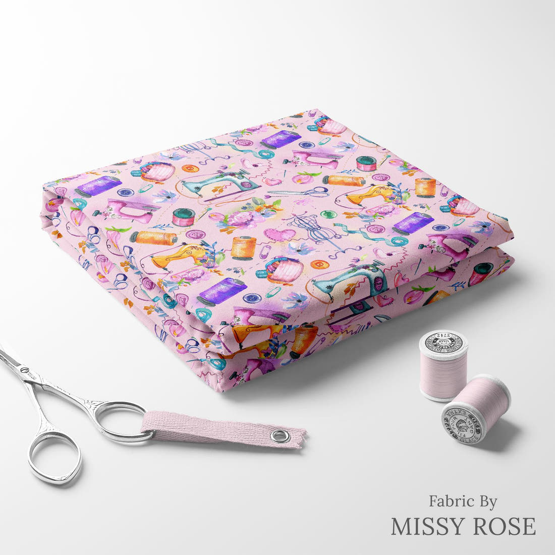 Design 413 Pink Sewing Fabric folded fabric stack with matching thread – pre-order fabric Australia | Fabric by Missy Rose