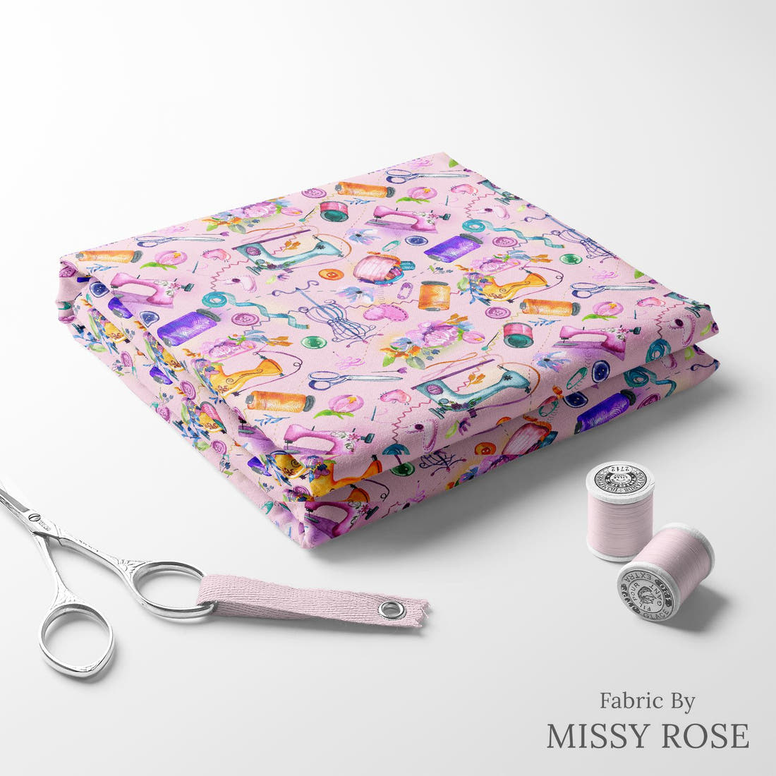 Design 413 Pink Sewing Fabric folded fabric stack with matching thread – pre-order fabric Australia | Fabric by Missy Rose