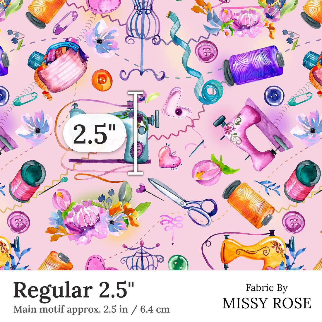 Design 413 Pink Sewing Fabric Regular 2.5 inch print scale guide | Fabric by Missy Rose