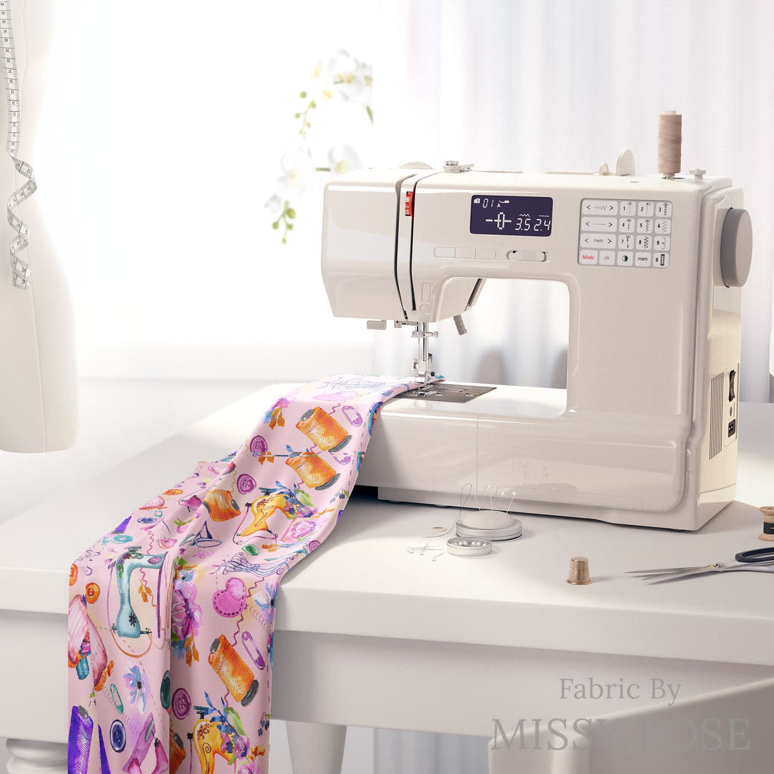 Design 413 Pink Sewing Fabric on a sewing machine – premium fabric for sewing projects | Fabric by Missy Rose