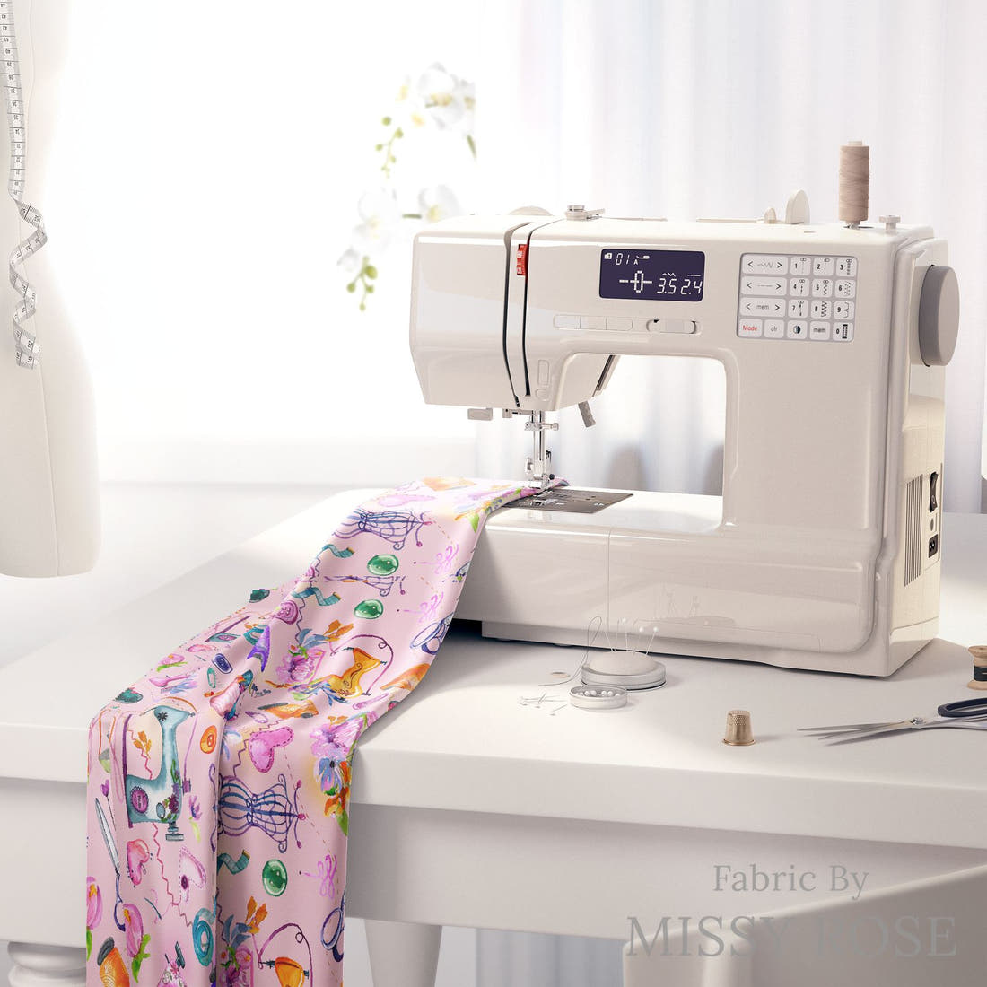 Design 413 Pink Sewing Fabric on a sewing machine – premium fabric for sewing projects | Fabric by Missy Rose