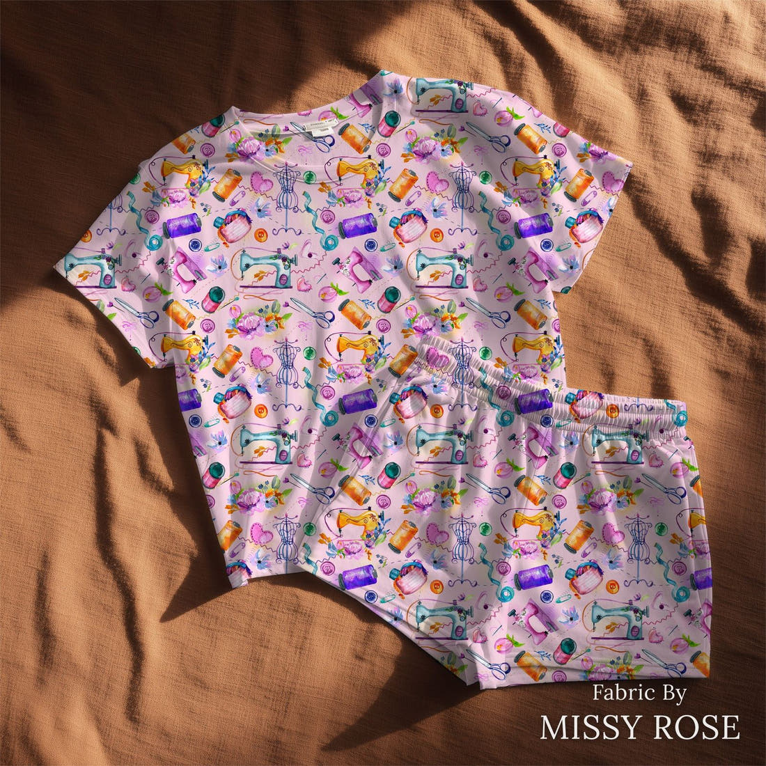 Design 413 Pink Sewing Fabric sewn into a lounge set – see how the print looks made up | Fabric by Missy Rose