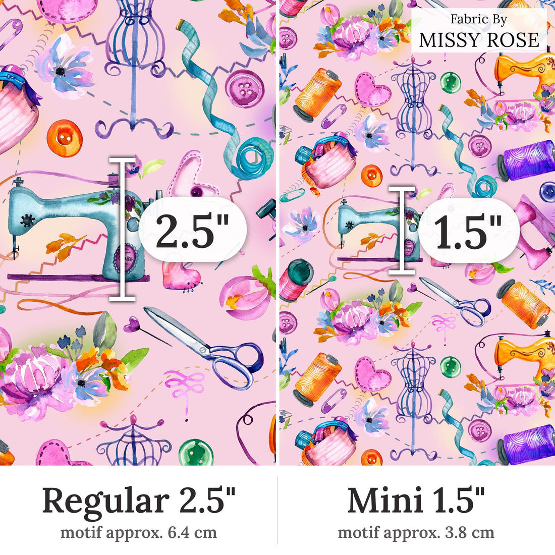 Design 413 Pink Sewing Fabric Regular 2.5 inch vs Mini 1.5 inch print scale side by side | Fabric by Missy Rose