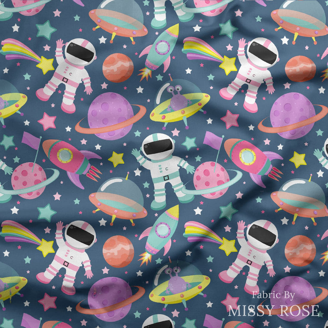 Design 414 Astronaut Fabric draped fabric mockup – custom printed fabric by the metre | Fabric by Missy Rose