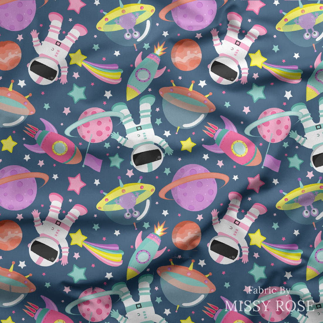 Design 414 Astronaut Fabric draped fabric mockup – custom printed fabric by the metre | Fabric by Missy Rose