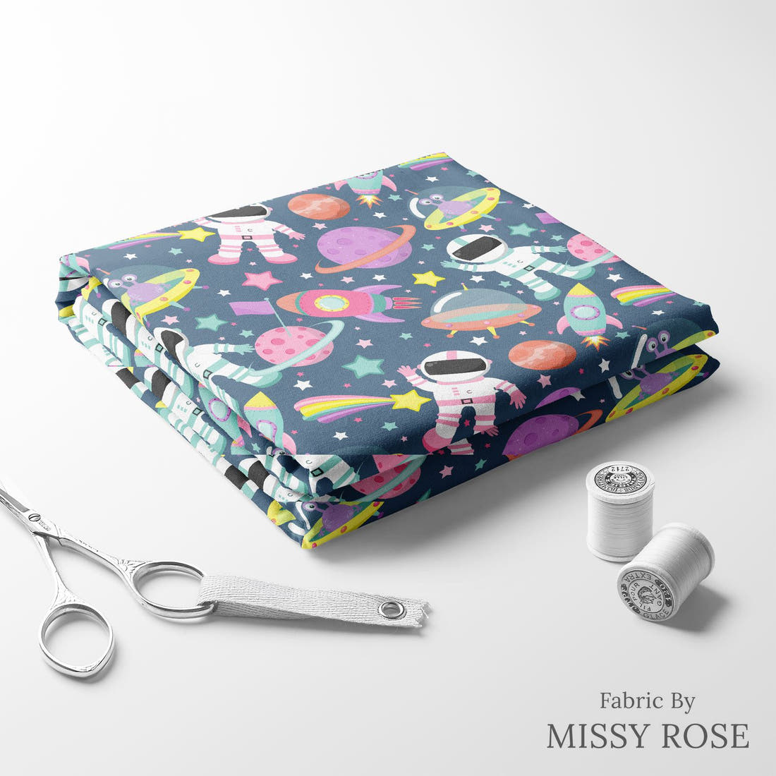 Design 414 Astronaut Fabric folded fabric stack with matching thread – pre-order fabric Australia | Fabric by Missy Rose