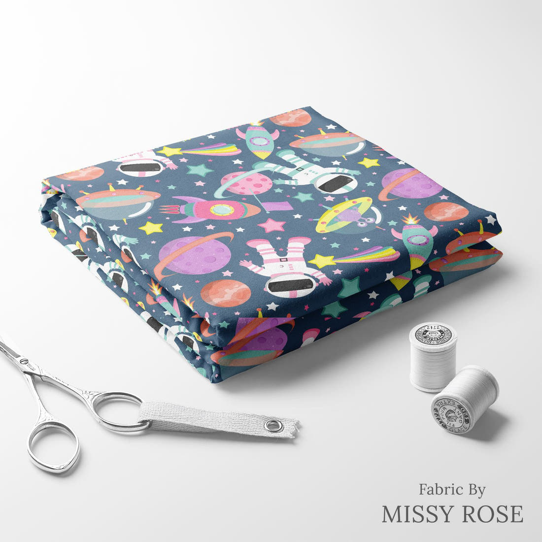 Design 414 Astronaut Fabric folded fabric stack with matching thread – pre-order fabric Australia | Fabric by Missy Rose
