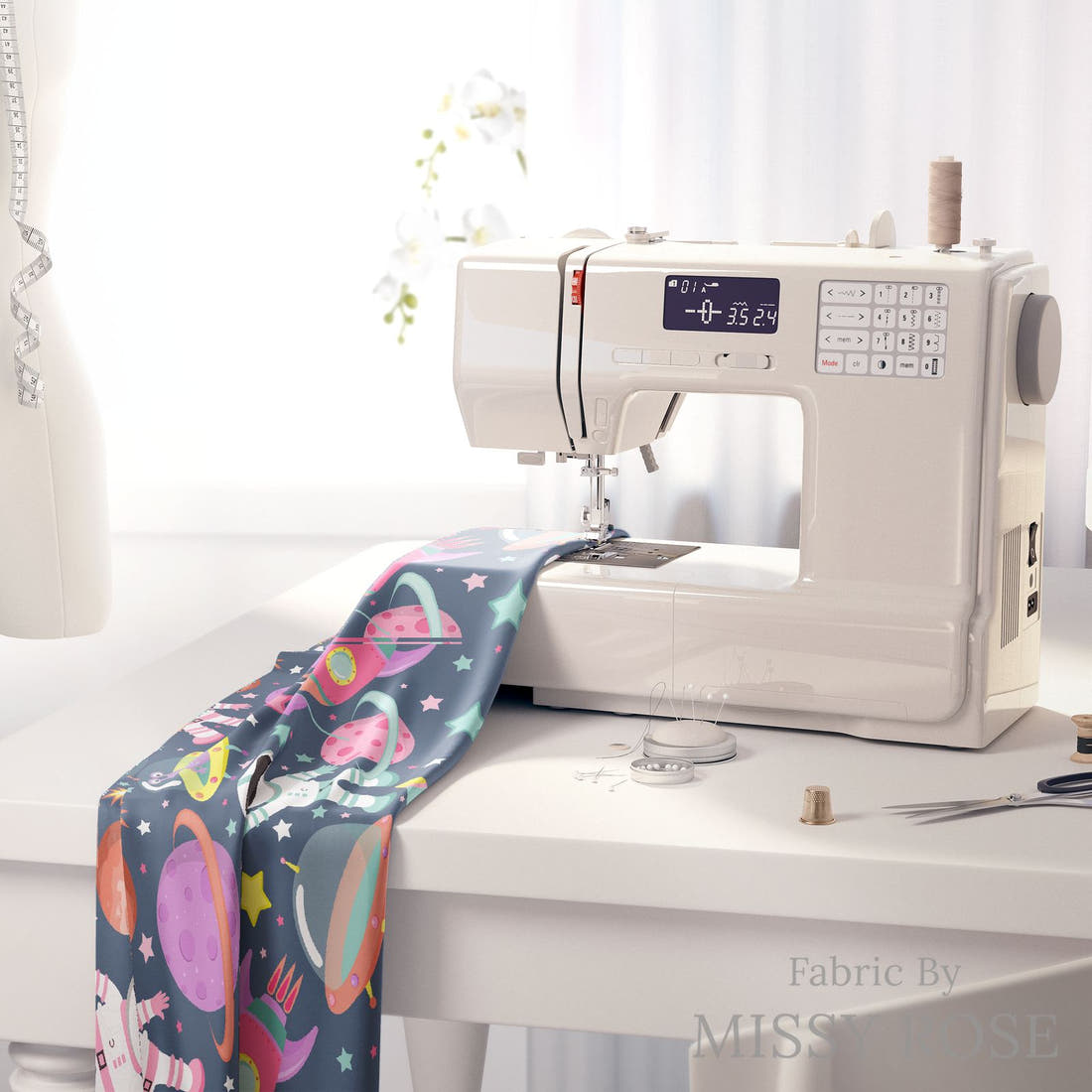 Design 414 Astronaut Fabric on a sewing machine – premium fabric for sewing projects | Fabric by Missy Rose