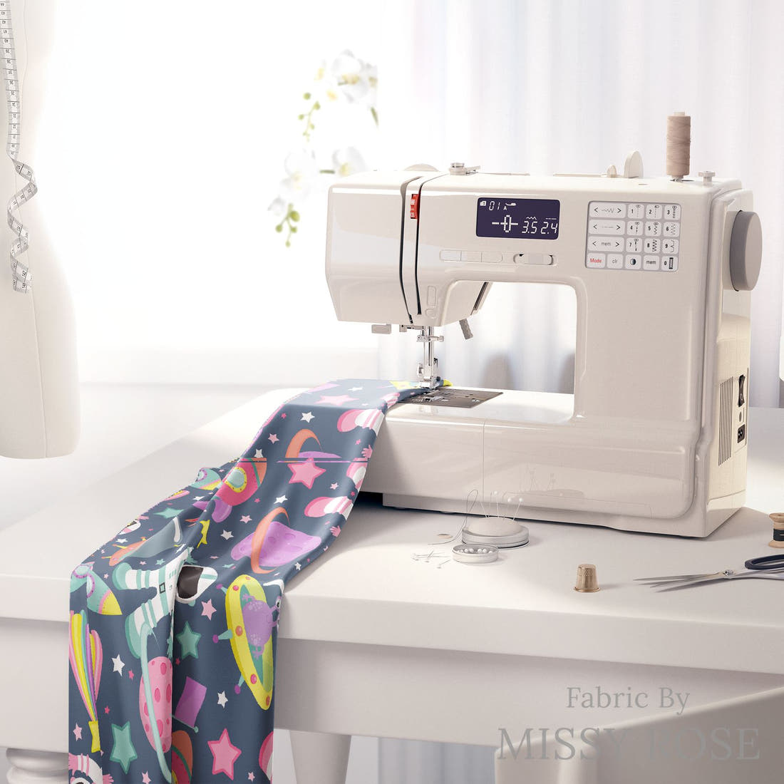 Design 414 Astronaut Fabric on a sewing machine – premium fabric for sewing projects | Fabric by Missy Rose