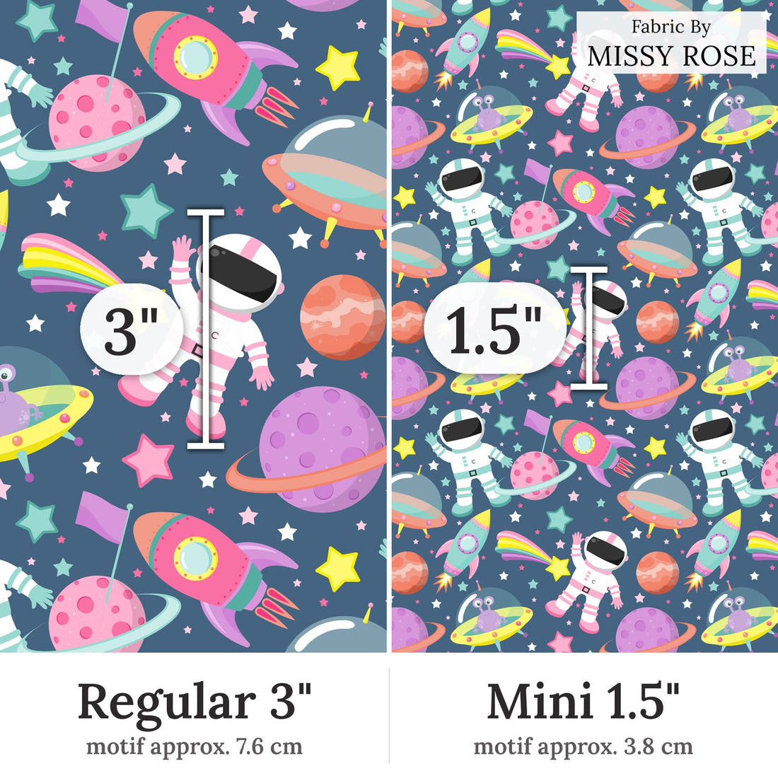 Design 414 Astronaut Fabric Regular 3 inch vs Mini 1.5 inch print scale side by side | Fabric by Missy Rose