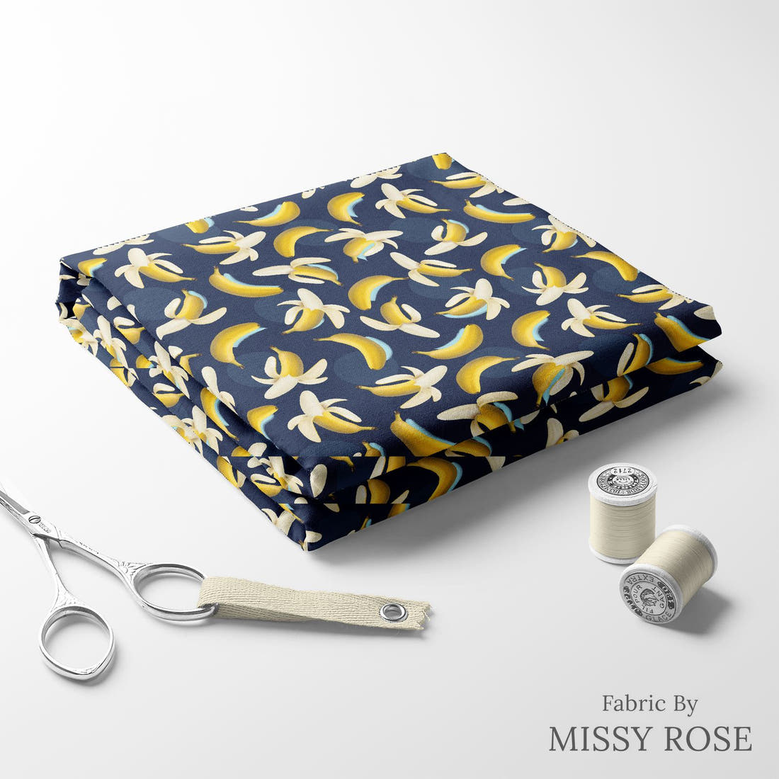 Design 415 Banana Fabric folded fabric stack with matching thread – pre-order fabric Australia | Fabric by Missy Rose