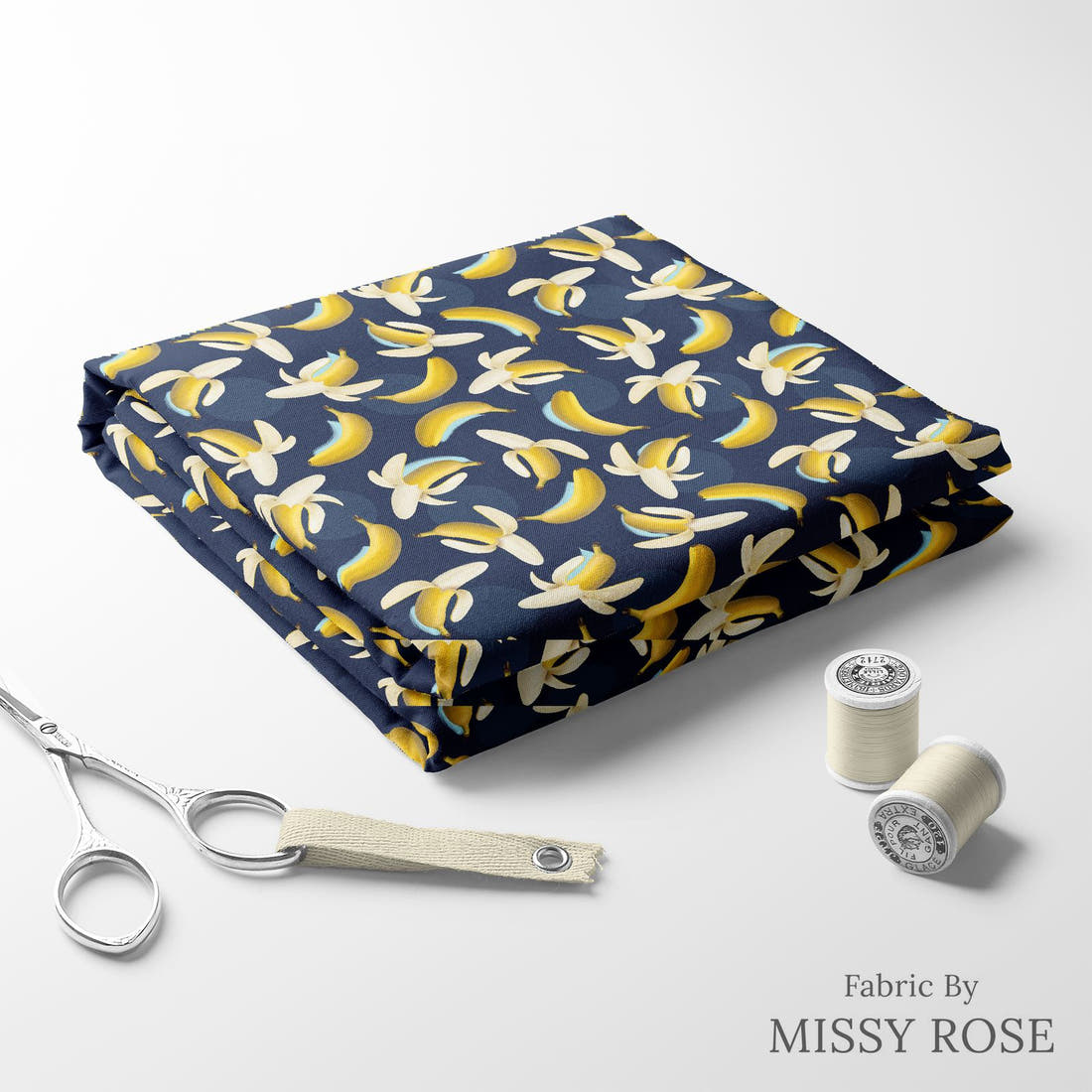 Design 415 Banana Fabric folded fabric stack with matching thread – pre-order fabric Australia | Fabric by Missy Rose
