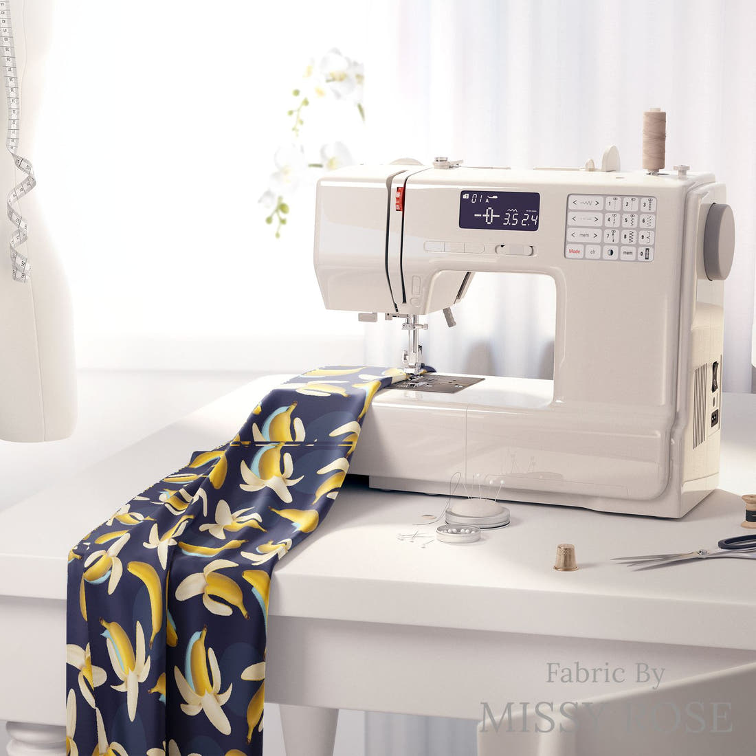 Design 415 Banana Fabric on a sewing machine – premium fabric for sewing projects | Fabric by Missy Rose