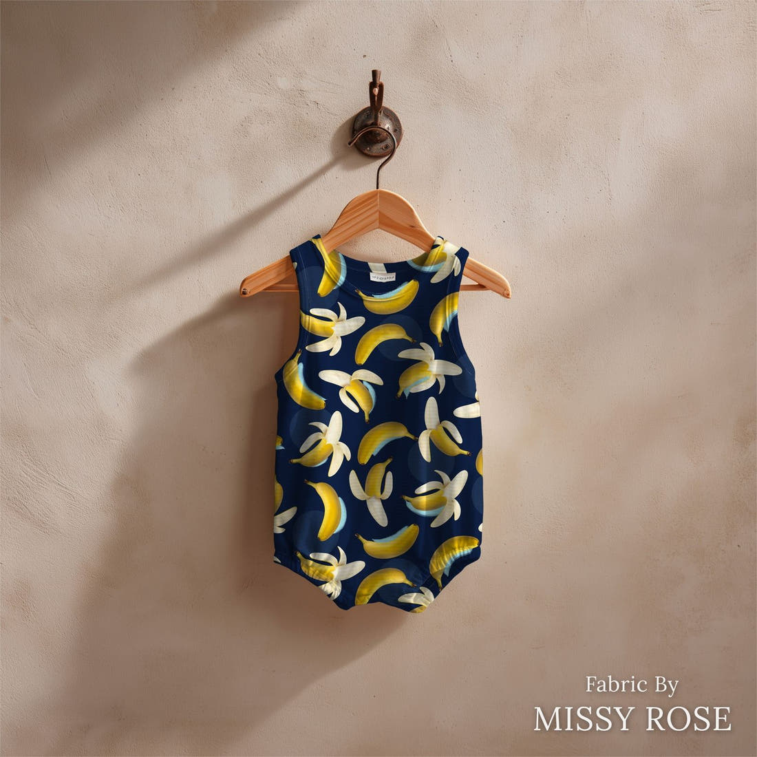 Design 415 Banana Fabric sewn into a baby romper – see how the print looks made up | Fabric by Missy Rose