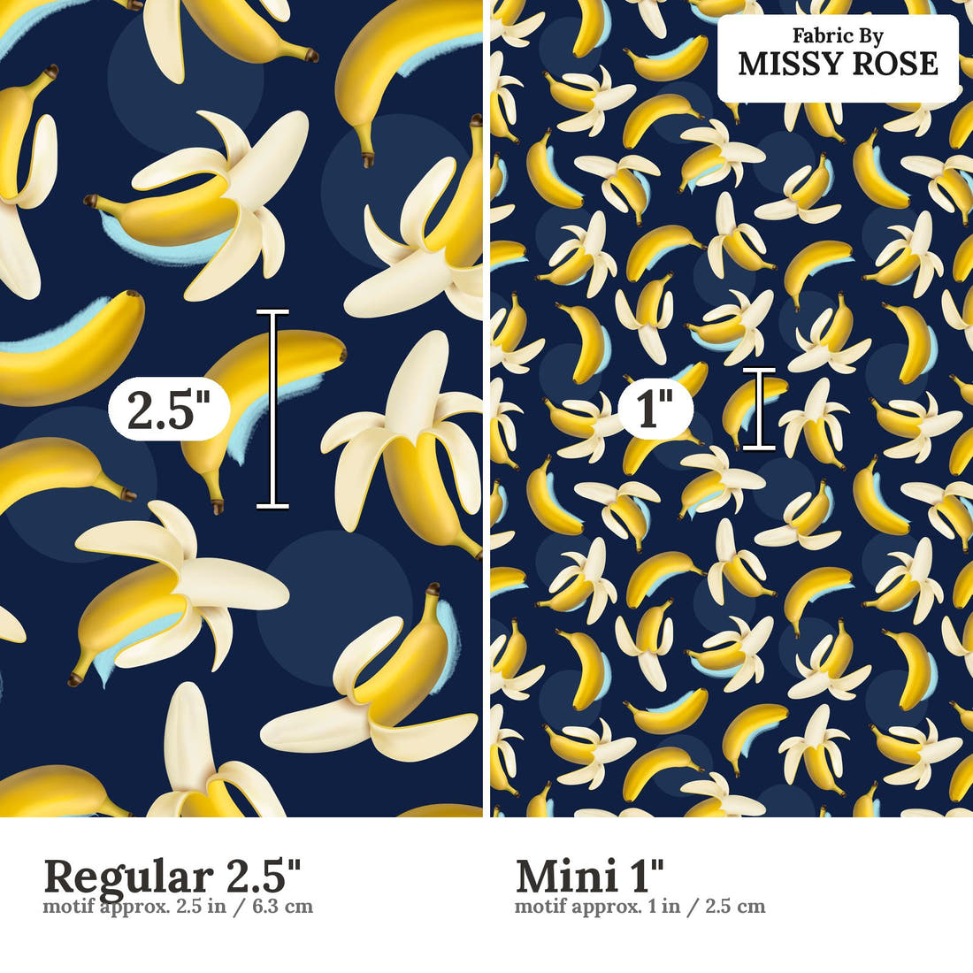 Design 415 Banana Fabric size comparison - print scale | Fabric by Missy Rose