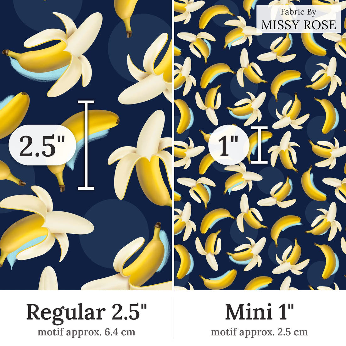 Design 415 Banana Fabric Regular 2.5 inch vs Mini 1 inch print scale side by side | Fabric by Missy Rose